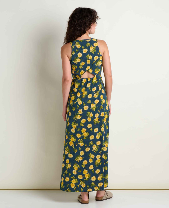 Sleeveless maxi dress with yellow sunflower print and cross-back detail, back view
