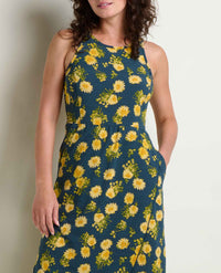 Sleeveless maxi dress with yellow daisy print on navy background, fitted waist
