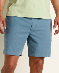 Men's chino shorts in dusty blue color shown from front waist down view