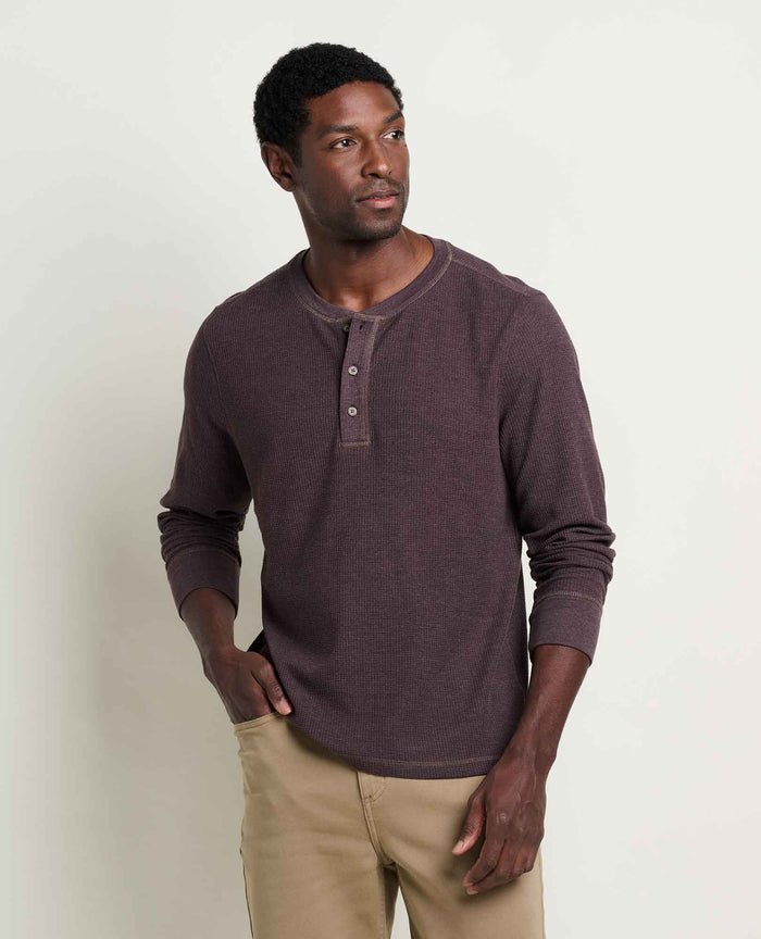 Men's long-sleeve thermal henley with three-button placket, waffle-knit texture, front view