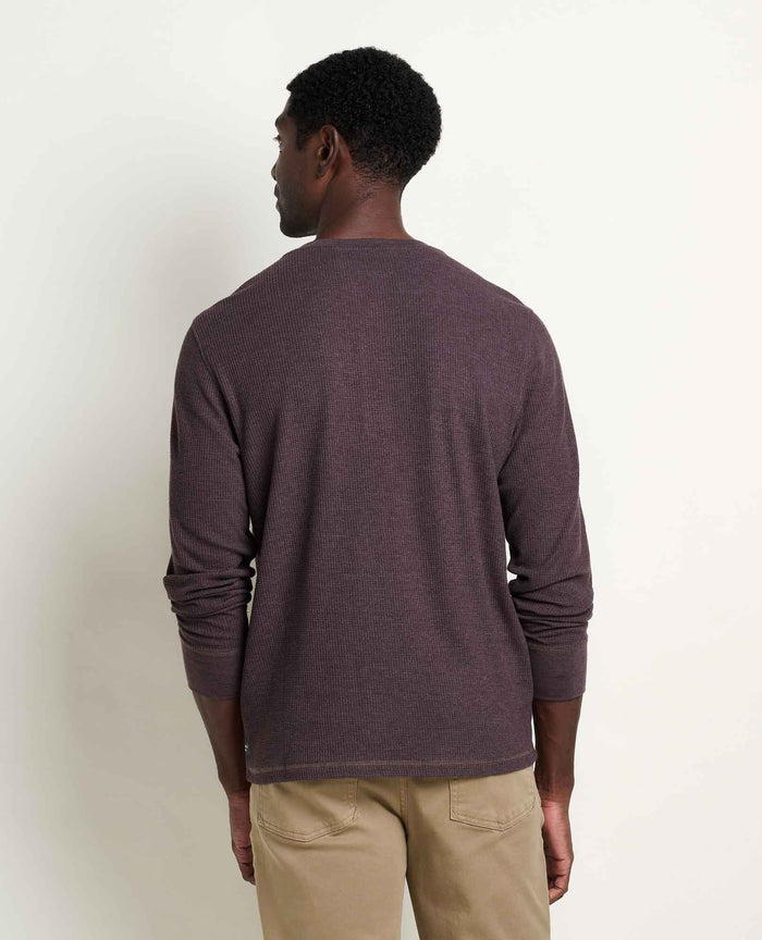 Men's long-sleeve thermal henley in dark burgundy, back view on model with khaki pants