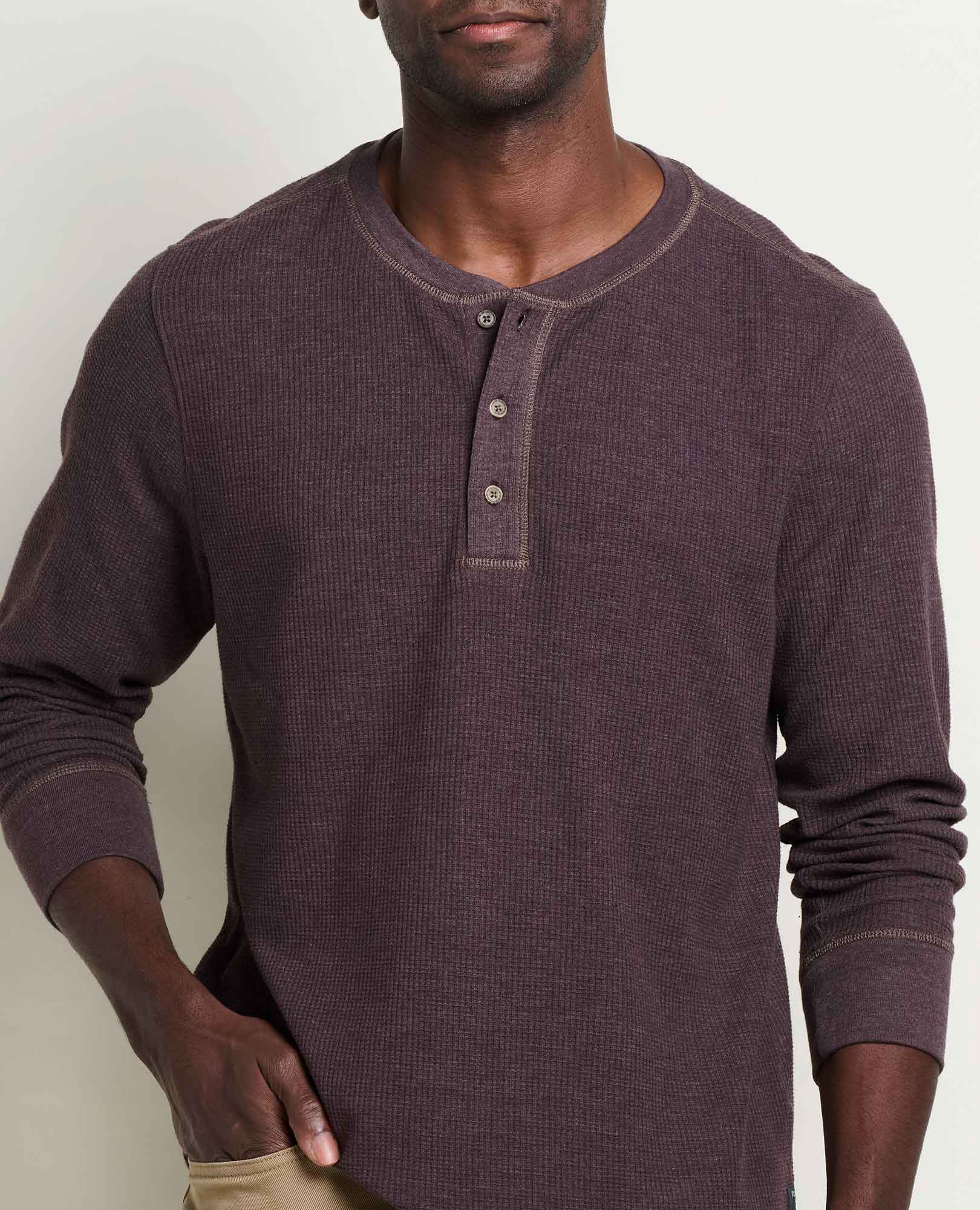 Men's long-sleeve thermal henley with three-button placket and waffle-knit texture, front torso view