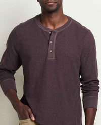 Men's long-sleeve thermal henley with three-button placket and waffle-knit texture, front torso view