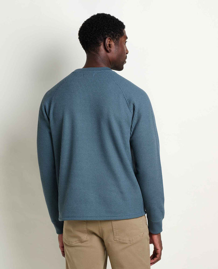 Men's long-sleeve waffle-knit crew neck shirt, back view, with ribbed cuffs and collar