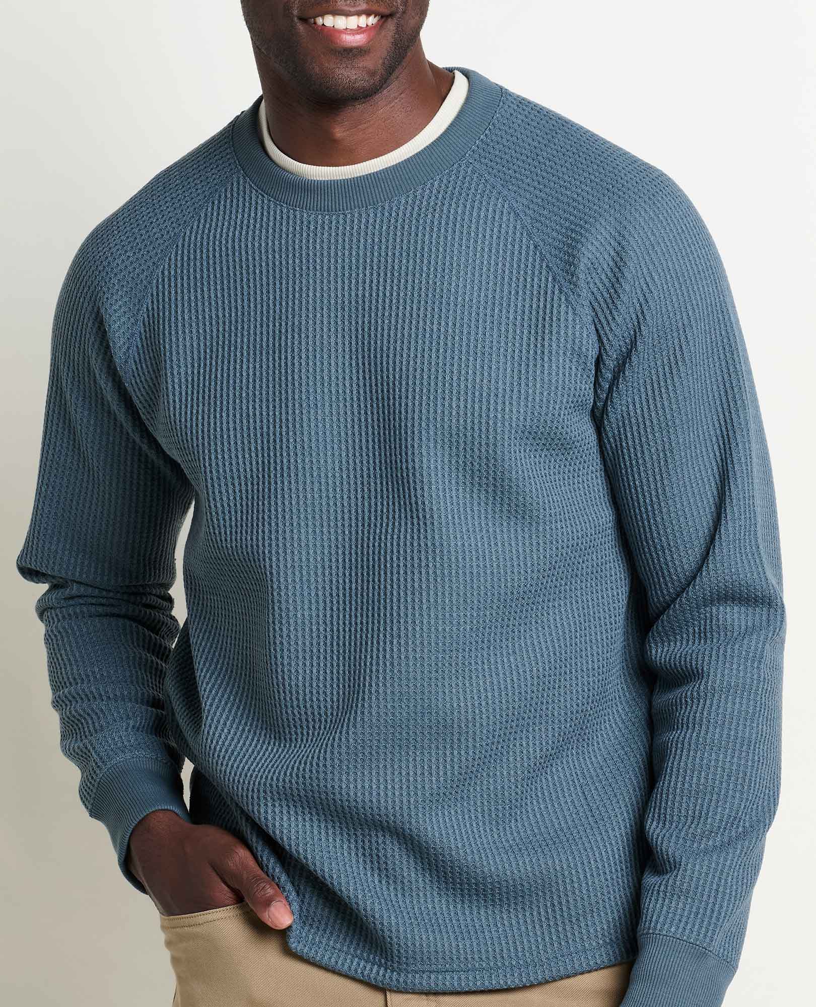 Men's long-sleeve waffle-knit crewneck pullover in slate blue, front view on model