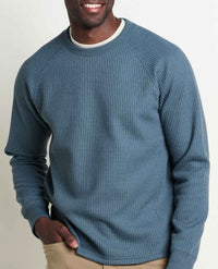 Men's long-sleeve waffle-knit crewneck pullover in slate blue, front view on model
