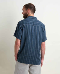 Dark blue short sleeve button-up shirt with dotted stripe pattern, shown from behind