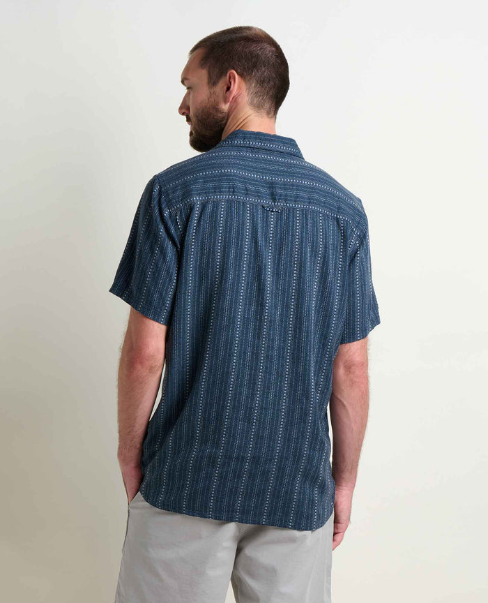 Dark blue short sleeve button-up shirt with dotted stripe pattern, shown from behind