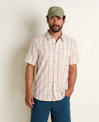 Short-sleeve button-up shirt with geometric diamond pattern in red and brown on cream base