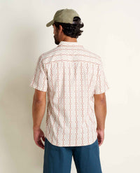 Men's short sleeve button-up shirt with geometric pattern, back view on model