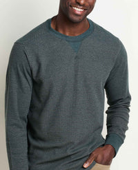 Men's long-sleeve crew neck thermal sweatshirt in dark teal waffle knit, front three-quarter view