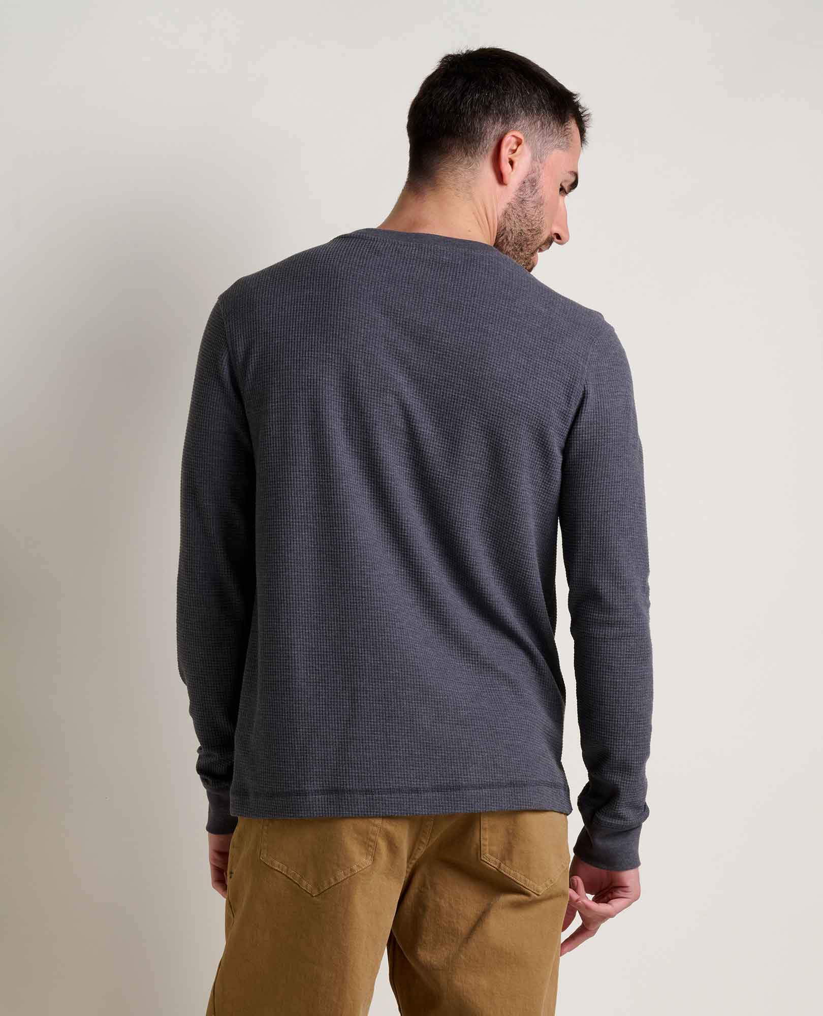 Men's long-sleeve thermal crew neck shirt in dark charcoal, back view on model