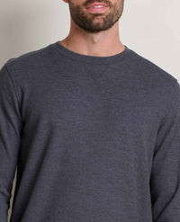 Men's long-sleeve waffle-knit crewneck pullover in dark charcoal, close-up front view