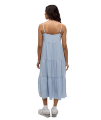 Light blue tiered midi dress with spaghetti straps shown from back view