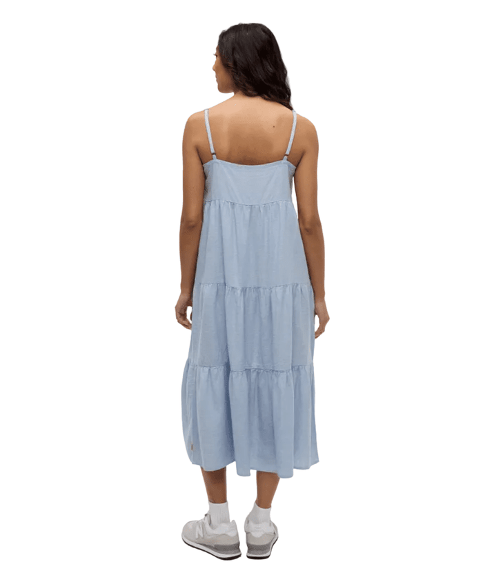 Light blue tiered midi dress with spaghetti straps shown from back view
