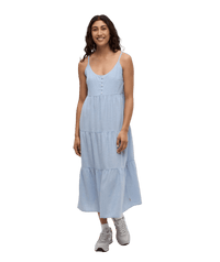 Light blue tiered maxi dress with button front and thin straps on model