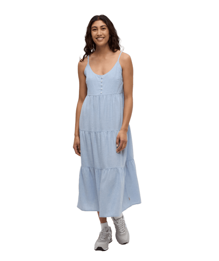 Light blue tiered maxi dress with button front and thin straps on model