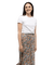 White short-sleeve crew neck t-shirt on model with floral patterned skirt