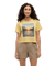 Yellow crop t-shirt with lake sunset graphic print, front view on model