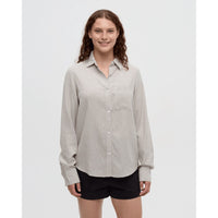 Light striped button-up shirt with chest pocket and long sleeves, front view