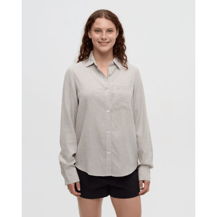 Light striped button-up shirt with chest pocket and long sleeves, front view