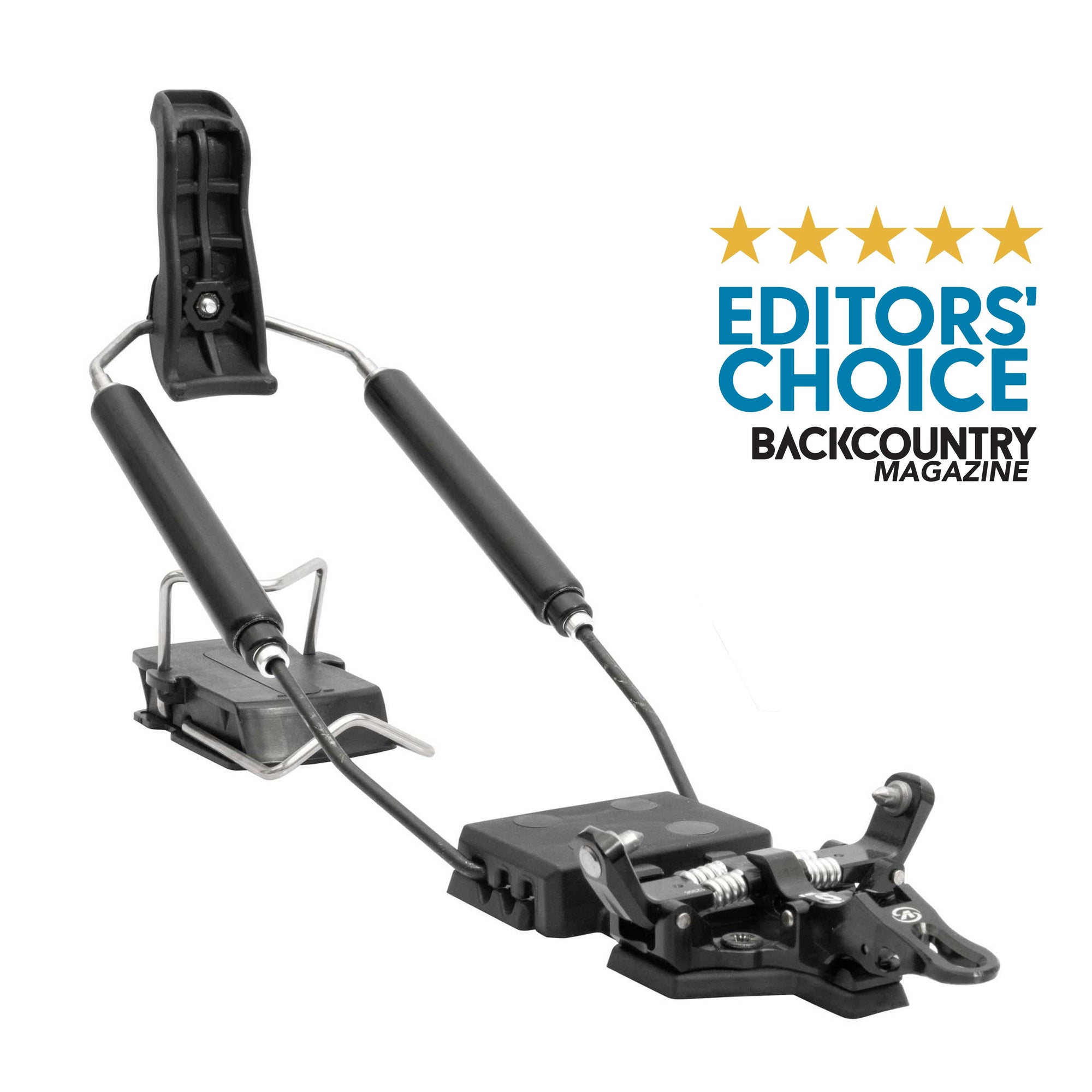 Black telemark ski binding with toe piece, heel unit, and cable system, angled view