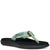Light green patterned flip flop sandal with black sole, side profile view