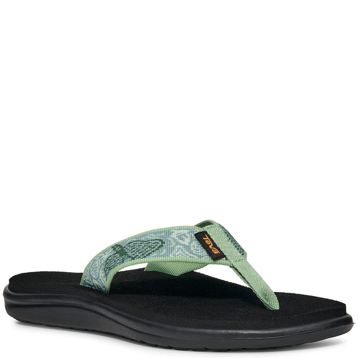 Light green patterned flip flop sandal with black sole, side profile view