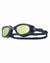 Swimming goggles with dark frame and yellow-gold mirrored lenses on white background