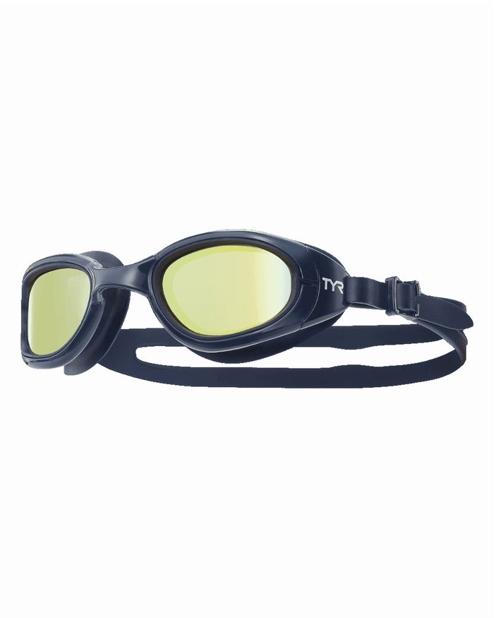 Swimming goggles with dark frame and yellow-gold mirrored lenses on white background