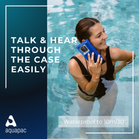 Blue waterproof phone case being held by person in swimming pool