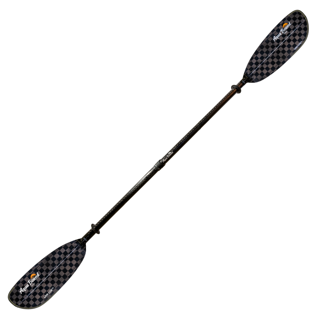 Two-piece kayak paddle with checkered pattern blades and carbon fiber shaft on white background
