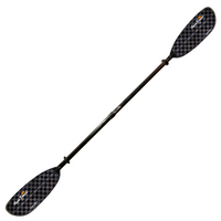 Two-piece kayak paddle with checkered pattern blades and carbon fiber shaft on white background