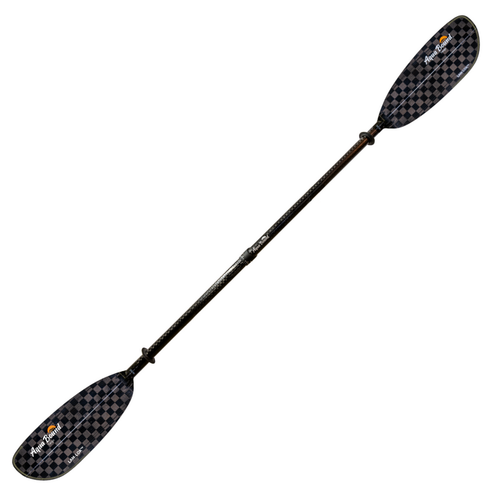 Two-piece kayak paddle with checkered pattern blades and carbon fiber shaft on white background