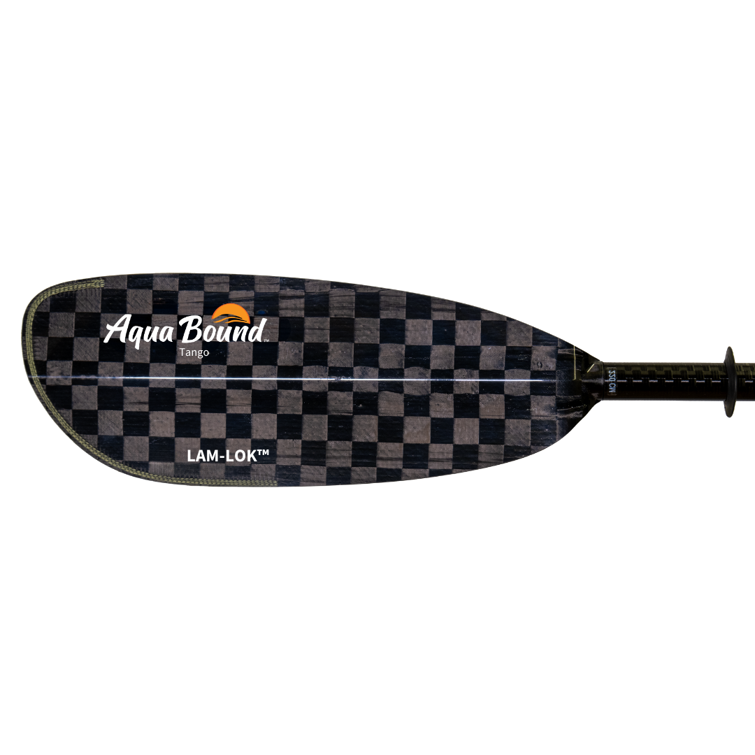 Carbon fiber kayak paddle with checkered pattern blade and straight black shaft