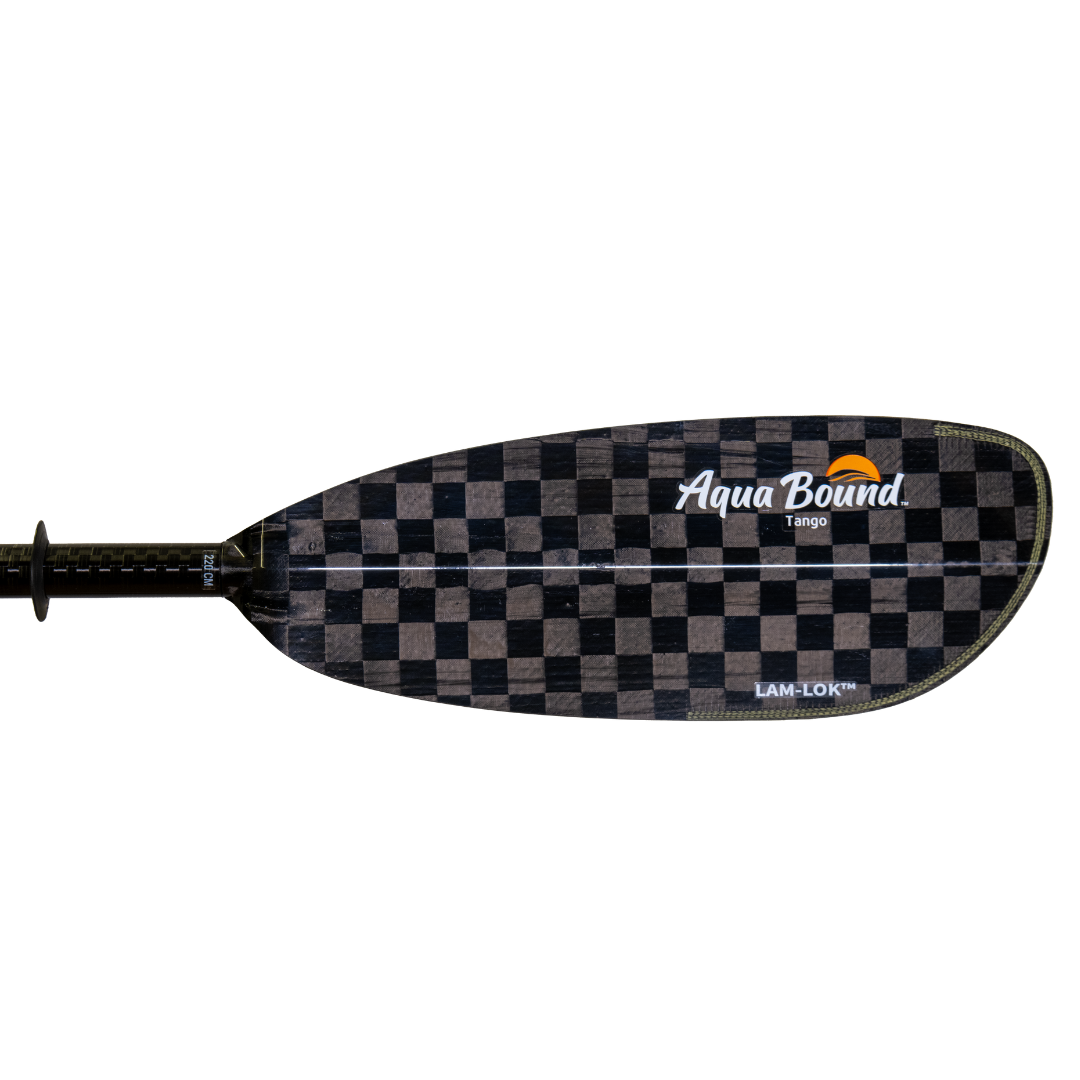 Carbon fiber kayak paddle blade with black and gray checkered pattern, side view