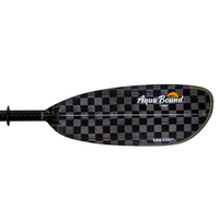 Carbon fiber kayak paddle blade with black and gray checkered pattern, side view