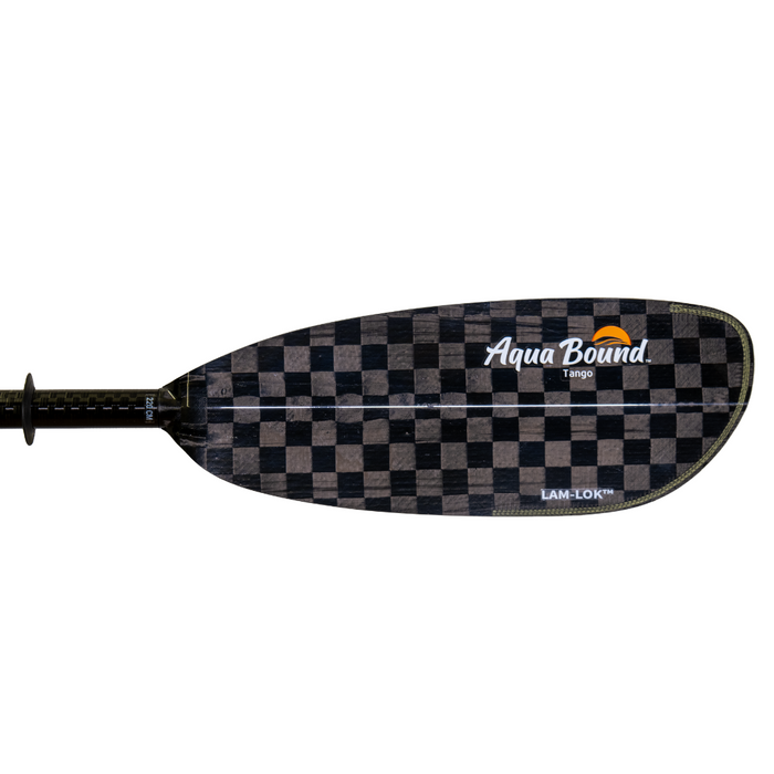 Carbon fiber kayak paddle blade with black and gray checkered pattern, side view