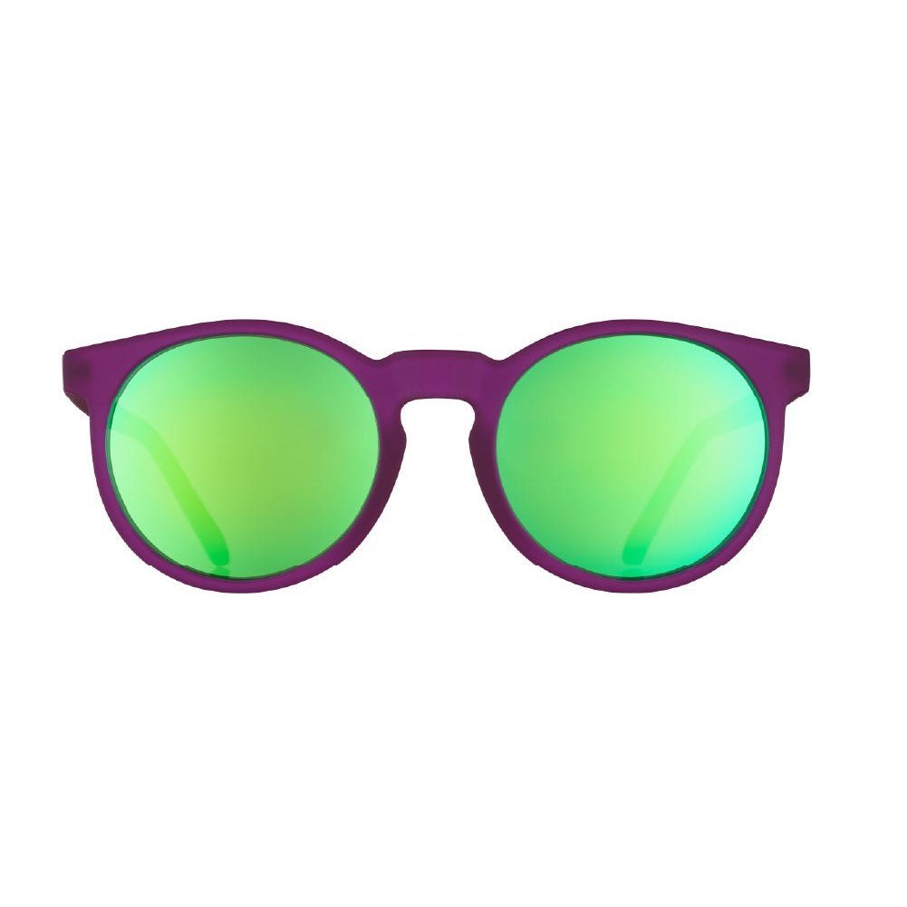 Purple framed round sunglasses with bright green mirrored lenses, front view