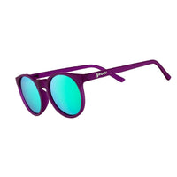 Purple framed aviator sunglasses with turquoise mirrored lenses shown from side angle