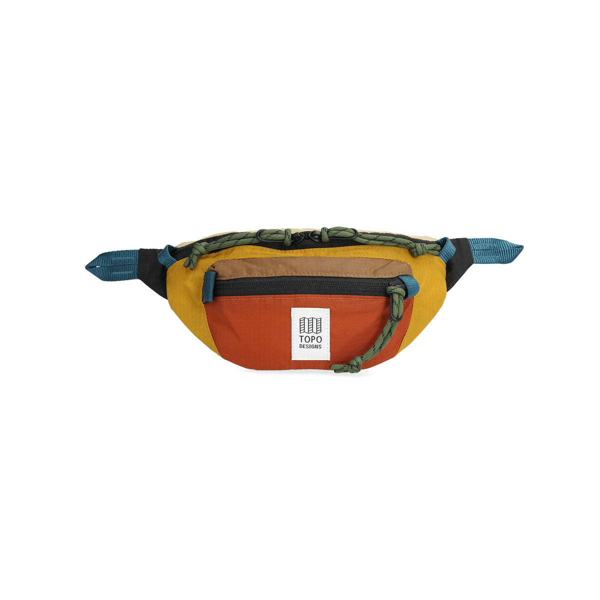 Colorblocked waist pack with yellow and orange panels, multiple pockets and adjustable strap