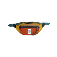 Colorblocked waist pack with yellow and orange panels, multiple pockets and adjustable strap