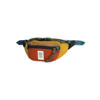 Colorblock waist pack with multiple compartments, adjustable straps, and front pocket detail
