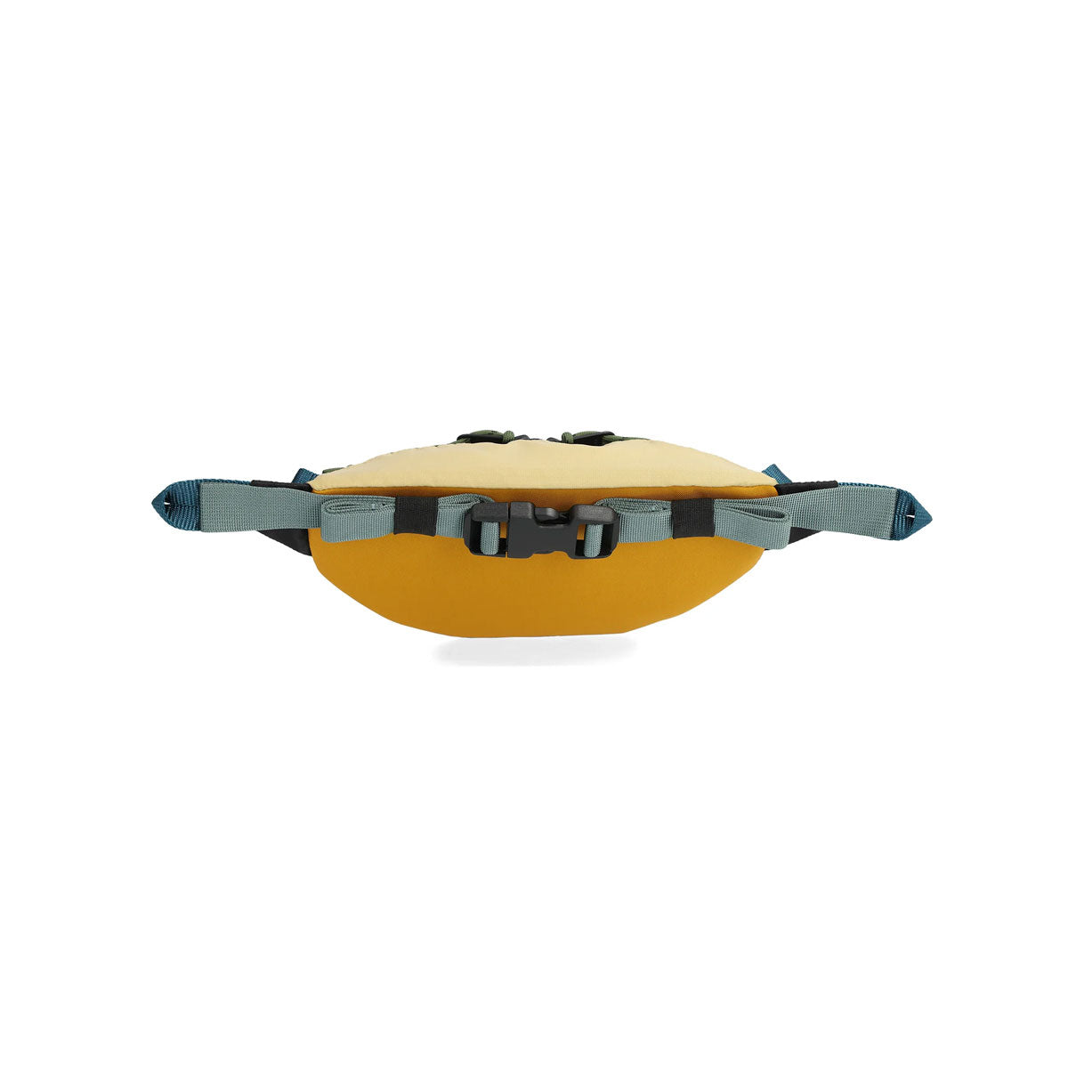 Two-tone waist pack with yellow top, orange bottom, and gray adjustable strap with buckle closure