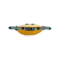 Two-tone waist pack with yellow top, orange bottom, and gray adjustable strap with buckle closure