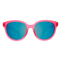 Round oversized sunglasses with bright pink frame and teal mirrored lenses, front view