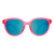 Round oversized sunglasses with bright pink frame and teal mirrored lenses, front view