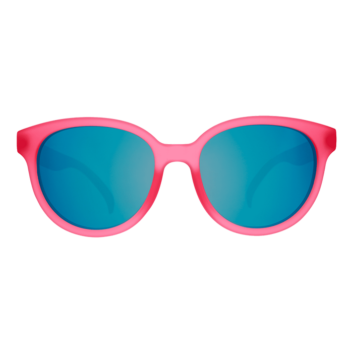 Round oversized sunglasses with bright pink frame and teal mirrored lenses, front view
