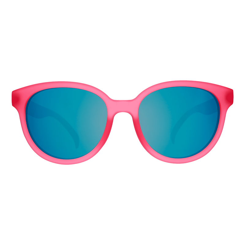 Round oversized sunglasses with bright pink frame and teal mirrored lenses, front view