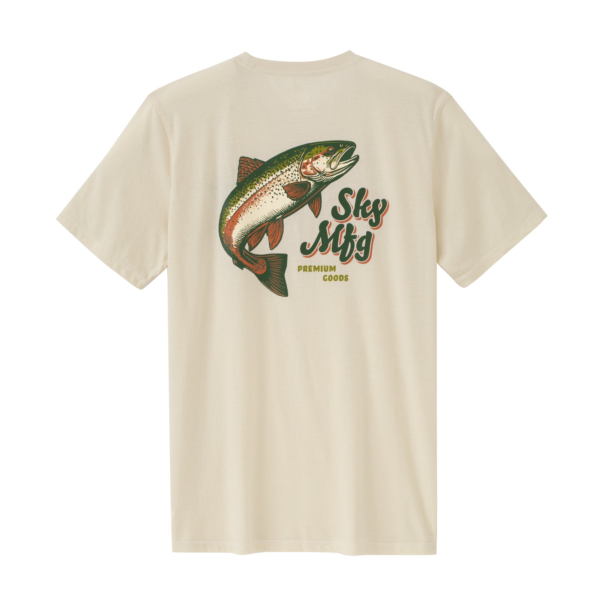 Back view of cream short-sleeve crew neck tee with colorful leaping trout graphic and retro lettering